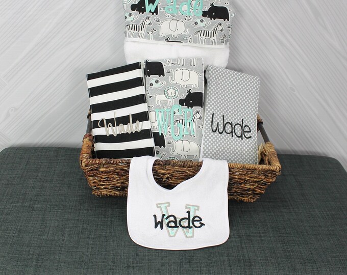 The Original Baby gift basket- Custom for boy or girl monogrammed hooded towel, burp cloths and bib. Perfect baby shower gift!