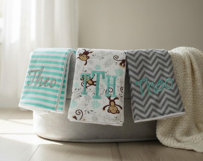 Monogrammed Burp Cloths, Set of 3. Custom made for boy or girl.