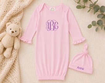 Embroidery Monogrammed Infant Baby Girl Gown with side zipper and Optional Hat