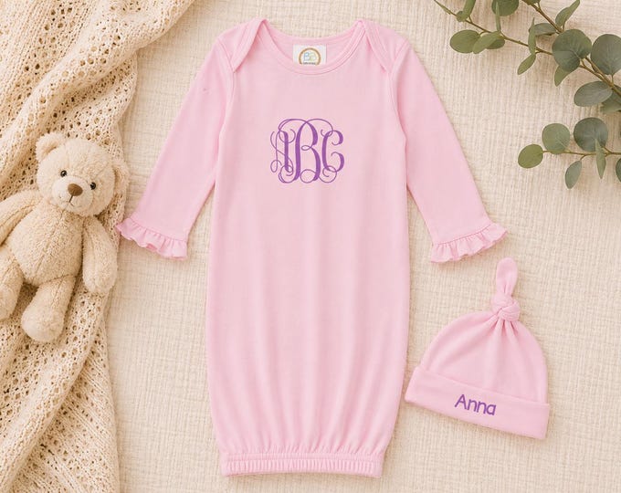 Embroidery Monogrammed Infant Baby Girl Gown with side zipper and Optional Hat