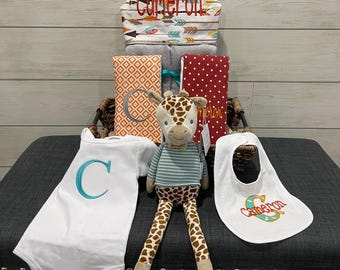 All That and a Plush Baby gift basket- Custom for boy or girl monogrammed hooded towel, burp cloths, bib, onesie and 16" plush animal