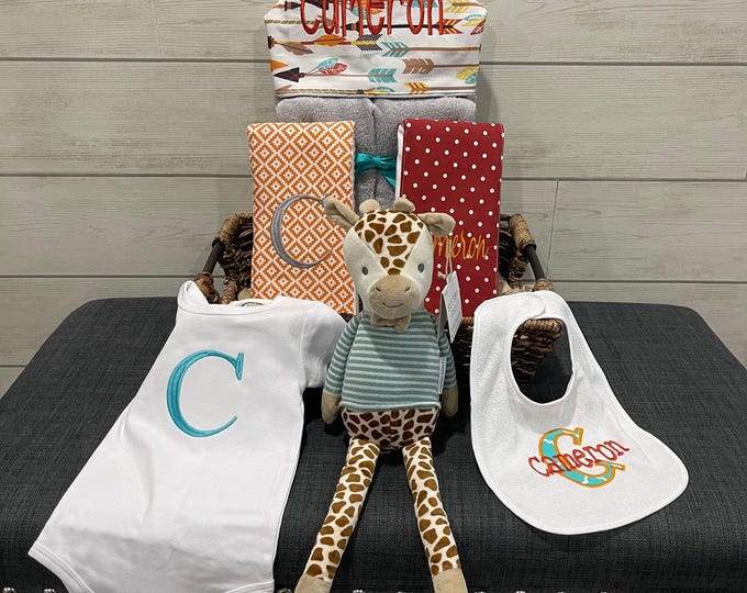 All That and a Plush Baby gift basket- Custom for boy or girl monogrammed hooded towel, burp cloths, bib, onesie and 16" plush animal