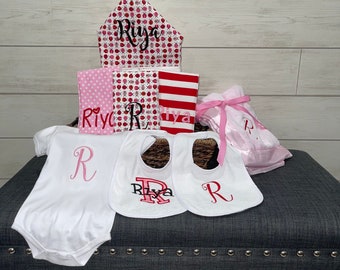 Monogrammed Baby Gift Basket, Personalized Hooded Towel, Burp Cloths, Bibs, Onesie & Quilt