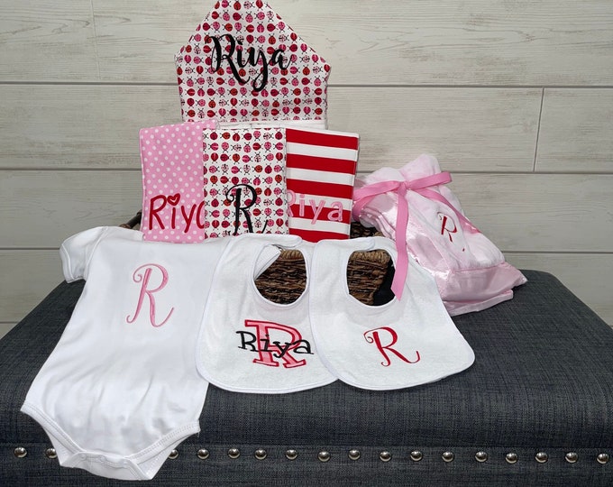Monogrammed Baby Gift Basket, Personalized Hooded Towel, Burp Cloths, Bibs, Onesie & Quilt