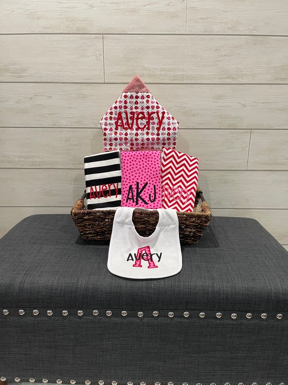 The Original Baby gift basket- Custom for boy or girl monogrammed hooded towel, burp cloths and bib. Perfect baby shower gift!