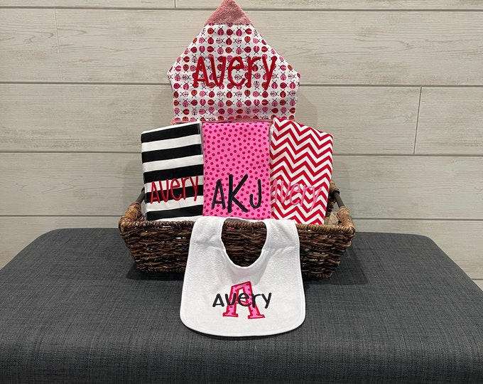 Monogrammed Baby Gift Basket – Personalized Hooded Towel, Burp Cloths & Bib