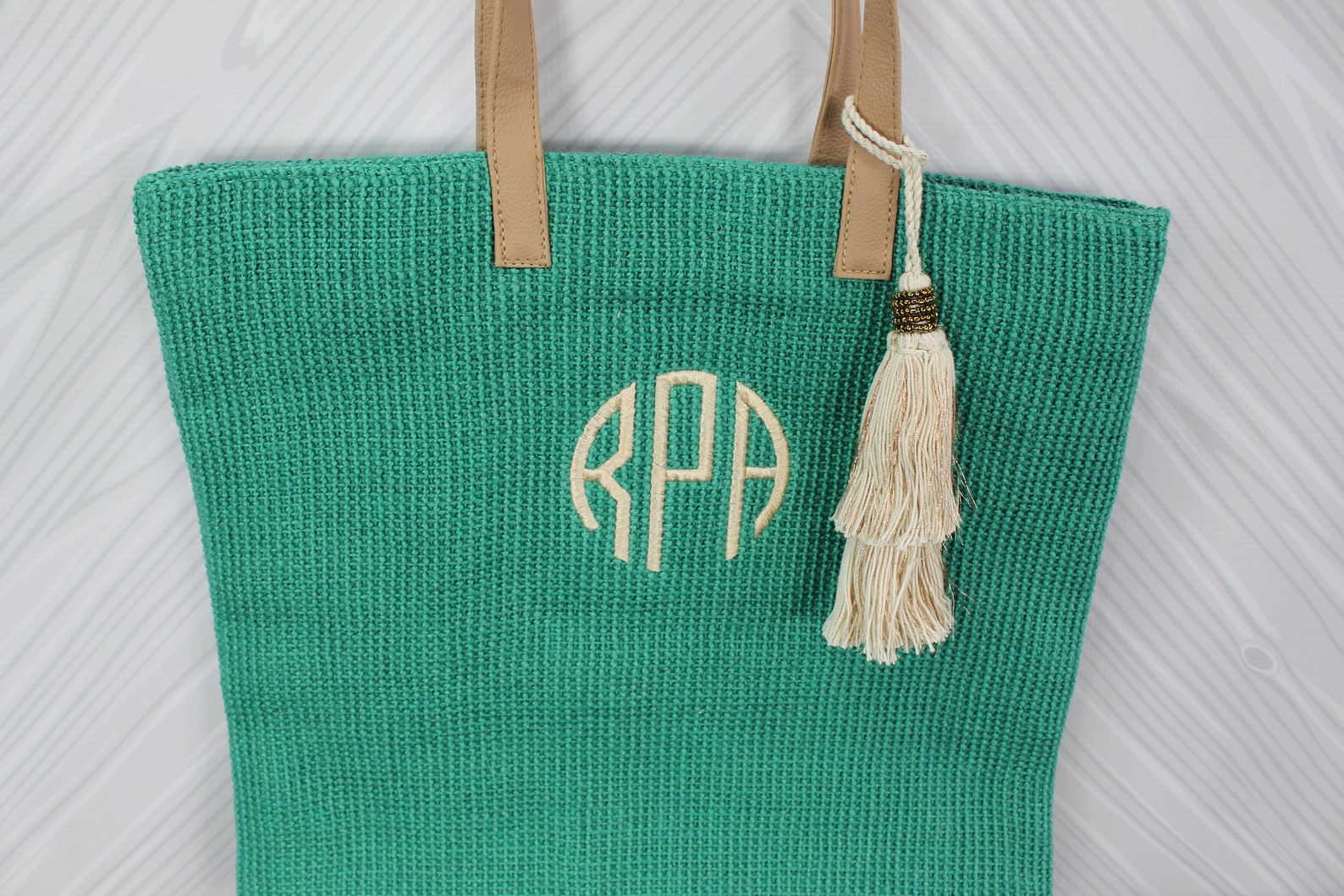 Monogrammed Teal Straw Jute Tote Bag With Tassel Etsy