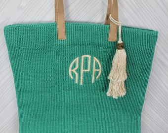 Monogrammed Teal Straw Jute Tote Bag with tassel