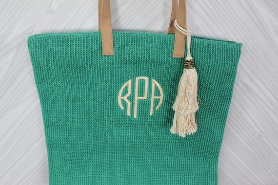 Monogrammed Teal Straw Jute Tote Bag with tassel