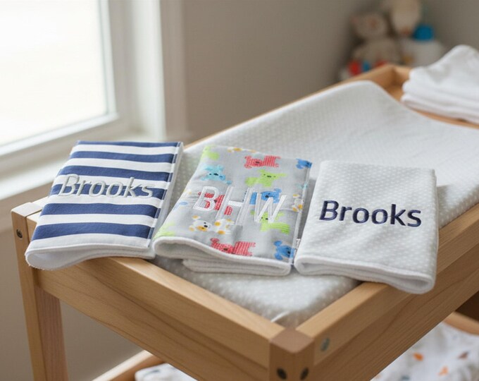 Monogrammed Burp Cloths, Set of 3. Custom made for boy or girl.