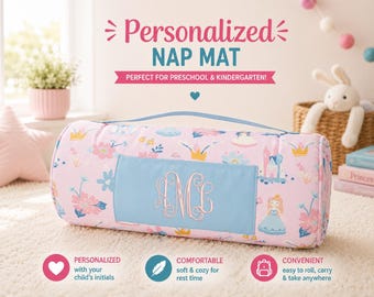Personalized Kids Nap Mat: Attached Minky Blanket, Removable Pillow, Machine Washable, Daycare/Preschool Essential