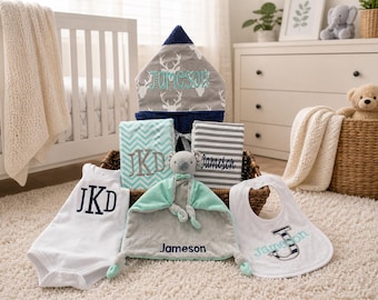 Monogrammed Baby Gift Basket – Hooded Towel, Burp Cloths, Bib, Onesie & Lovie