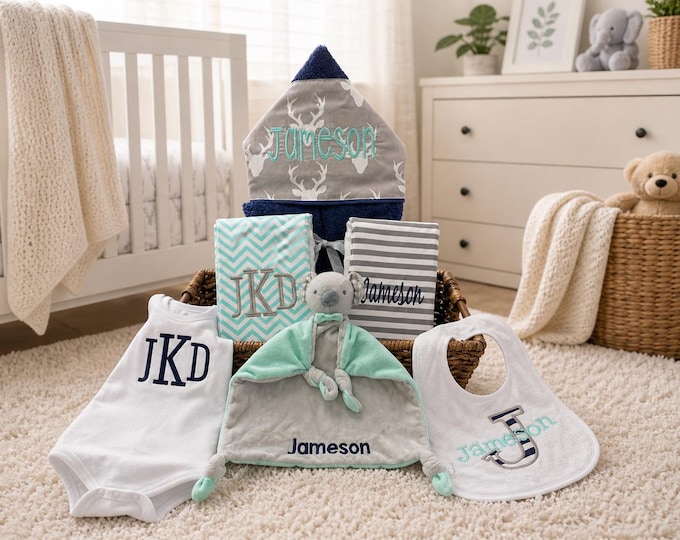 Monogrammed Baby Gift Basket – Hooded Towel, Burp Cloths, Bib, Onesie & Lovie