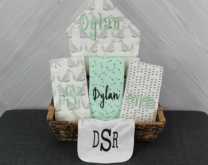 Monogrammed Baby Gift Basket - Hooded Towel, Burp Cloths & Bib
