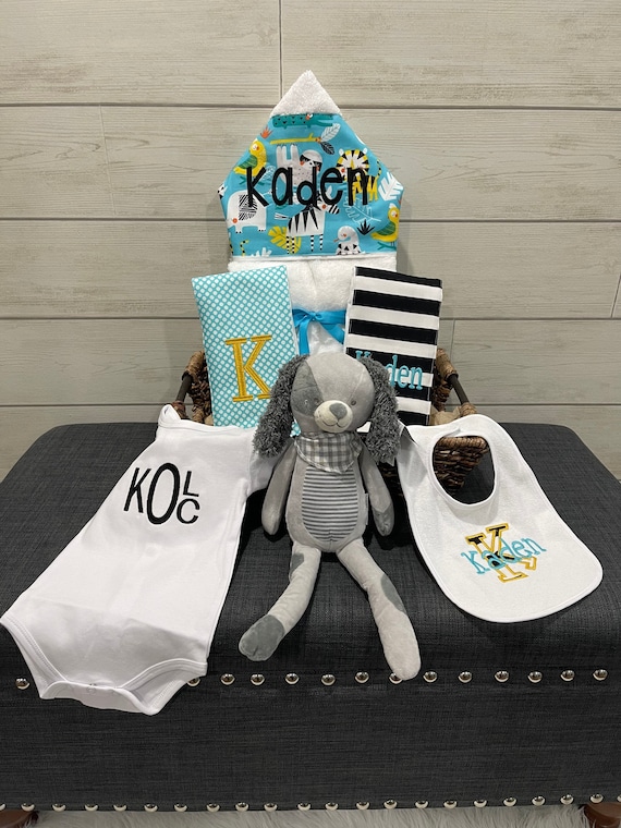 All That and a Plush Baby gift basket- Custom for boy or girl monogrammed hooded towel, burp cloths, bib, onesie and 16" plush animal