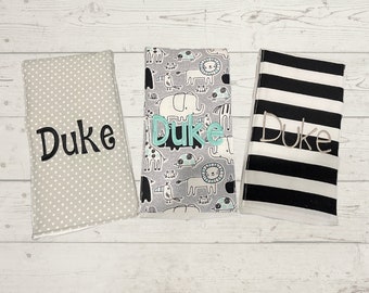 Monogrammed Burp Cloths, Set of 3. Custom made for boy or girl.