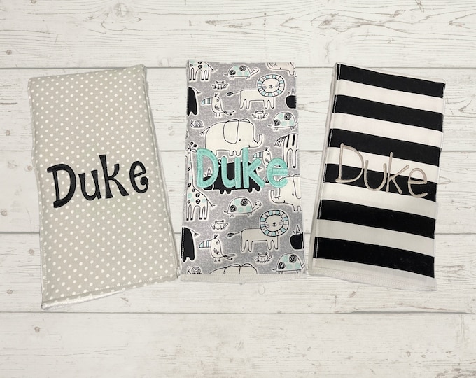Monogrammed Burp Cloths, Set of 3. Custom made for boy or girl.