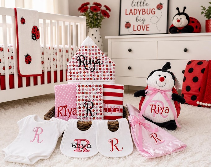 Monogrammed Baby Gift Basket, Personalized Hooded Towel, Burp Cloths, Bibs, Onesie, Quilt & Stuffed Animal