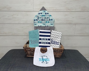 Monogrammed Baby Gift Basket – Hooded Towel, Burp Cloths & Bib Set