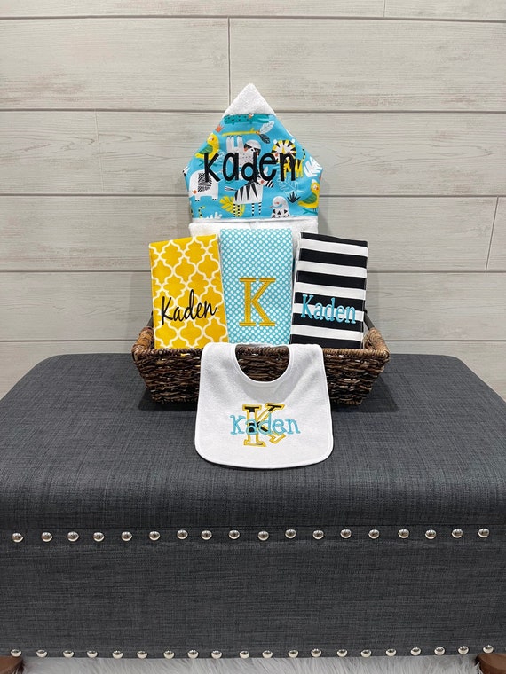 The Original Baby gift basket- Custom for boy or girl monogrammed hooded towel, burp cloths and bib. Perfect baby shower gift!