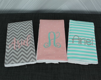 Monogrammed Burp Cloths, Set of 3. Custom made for boy or girl.