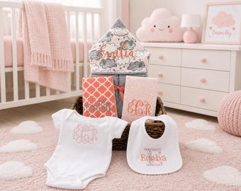 Monogrammed Baby Gift Basket – Hooded Towel, Burp Cloths, Bib, Onesie