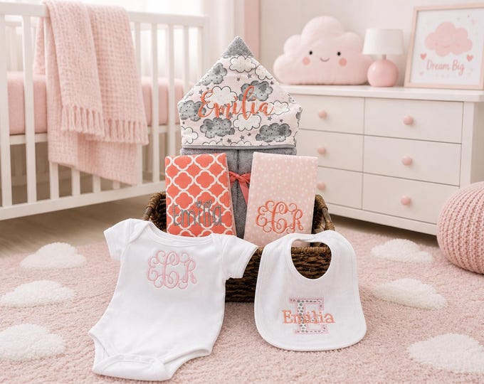 Monogrammed Baby Gift Basket – Hooded Towel, Burp Cloths, Bib, Onesie