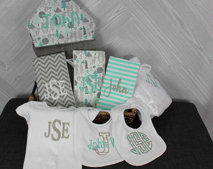 Monogrammed Baby Gift Basket, Personalized Hooded Towel, Burp Cloths, Bibs, Onesie & Quilt