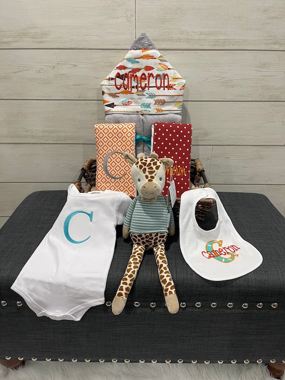 All That and a Plush Baby gift basket- Custom for boy or girl monogrammed hooded towel, burp cloths, bib, onesie and 16" plush animal