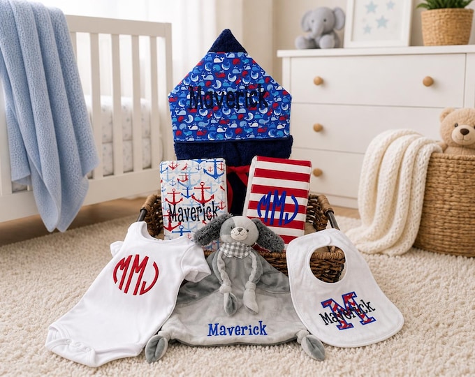 A Taste of the Favorites Baby gift basket- Custom for boy or girl monogrammed hooded towel, burp cloths, bib and onesie