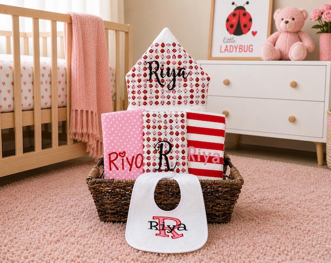 The Original Baby gift basket- Custom for boy or girl monogrammed hooded towel, burp cloths and bib. Perfect baby shower gift!