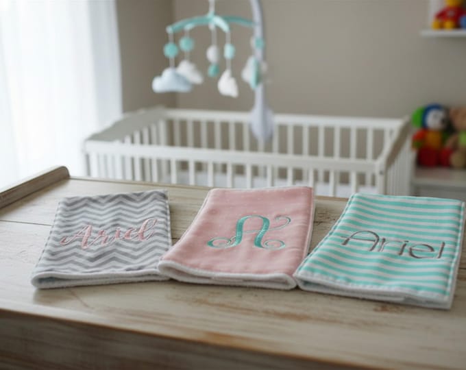 Monogrammed Burp Cloths, Set of 3. Custom made for boy or girl.