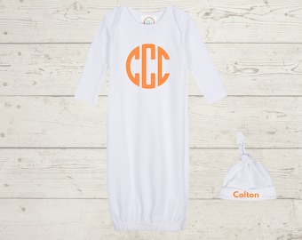 Embroidery Monogrammed Infant Baby Boy Gown with side zipper and Optional Hat