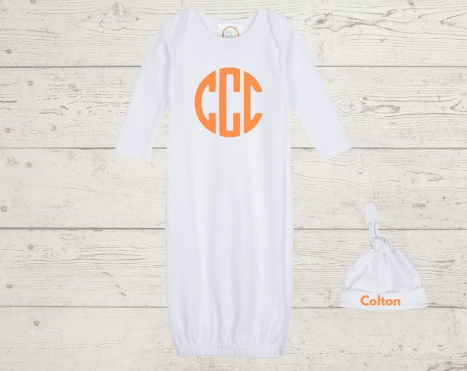 Embroidery Monogrammed Infant Baby Boy Gown with side zipper and Optional Hat