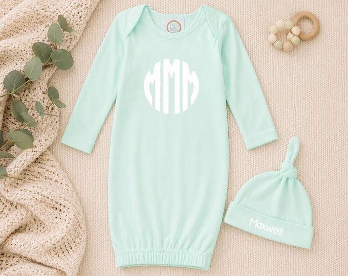 Embroidery Monogrammed Infant Baby Boy Gown with side zipper and Optional Hat