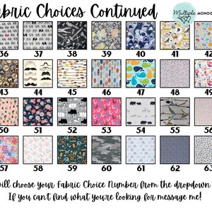 a collection of fabric choices, including various patterns and designs, presented in a grid format. The text indicates that the fabric choices continue, and the viewer can choose their fabric choice number from the dropdown menu. The image also includes a message at the bottom encouraging the viewer to choose their fabric choice number if they cannot find what they are looking for.