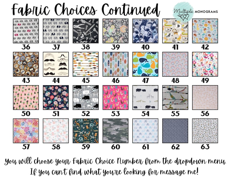 a collection of fabric choices, including various patterns and designs, presented in a grid format. The text indicates that the fabric choices continue, and the viewer can choose their fabric choice number from the dropdown menu. The image also includes a message at the bottom encouraging the viewer to choose their fabric choice number if they cannot find what they are looking for.