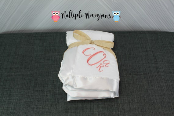 Monogrammed Baby Satin Trim Microfleece Blanket Light Pink, Baby Blue and White