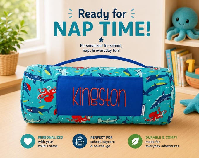Personalized Kids Nap Mat: Attached Minky Blanket, Removable Pillow, Machine Washable, Daycare/Preschool Essential