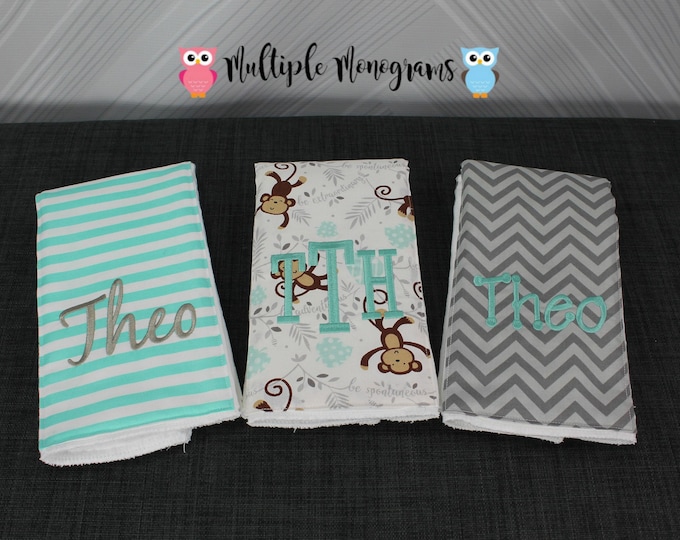 Monogrammed Burp Cloths, Set of 3. Custom made for boy or girl.