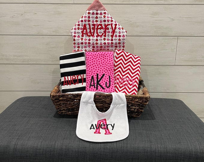 Monogrammed Baby Gift Basket – Personalized Hooded Towel, Burp Cloths & Bib