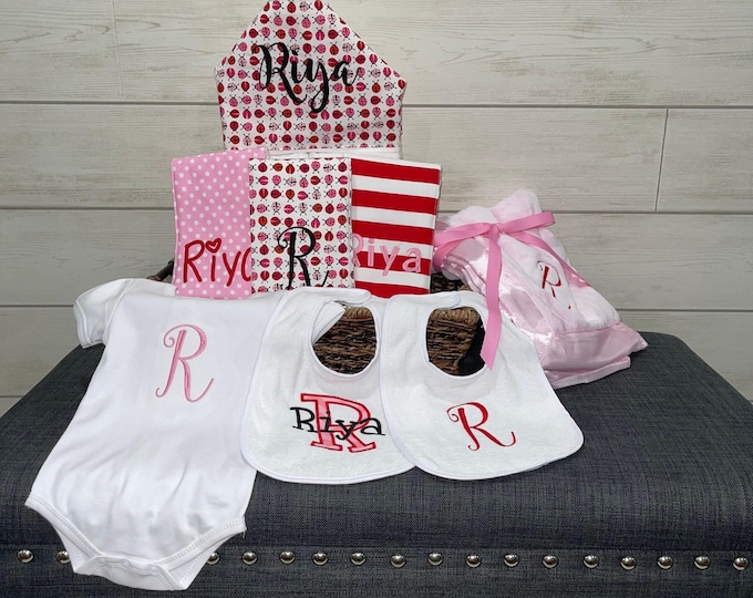 Monogrammed Baby Gift Basket, Personalized Hooded Towel, Burp Cloths, Bibs, Onesie & Quilt