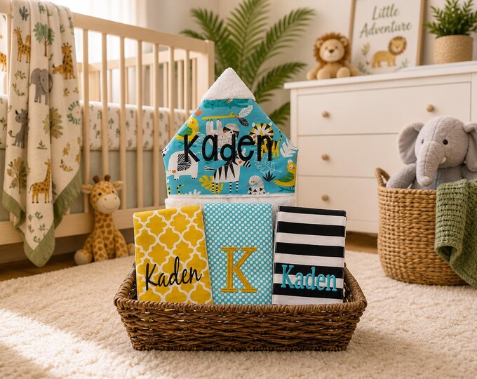The Bath and Burp gift basket- Custom for boy or girl monogrammed hooded towel and burp cloths. Perfect baby shower gift!