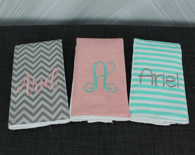 Monogrammed Burp Cloths, Set of 3. Custom made for boy or girl.