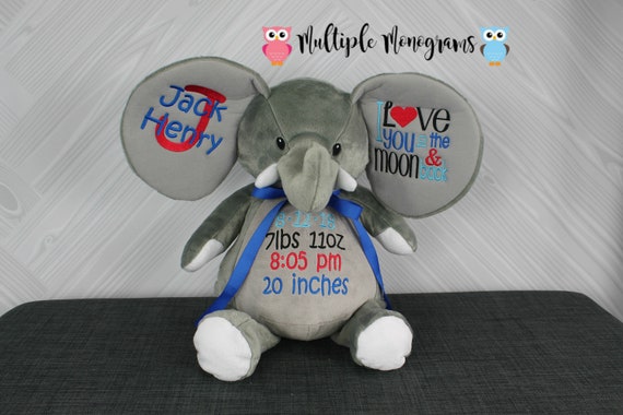 Personalized Elephant Stuffed Animal. Completely Customizable. New Baby Gift. Adoption Gift. Birthday Gift. Keepsake. Baptism Gift.