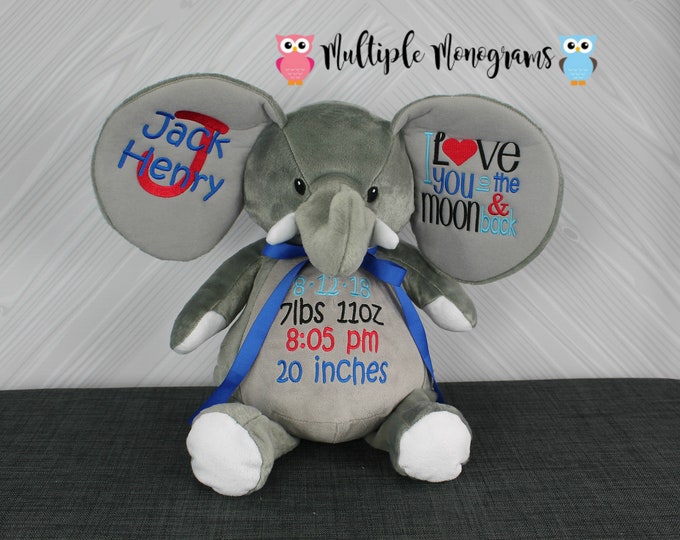 Personalized Embroidered Elephant Stuffed Animal: New Baby Keepsake