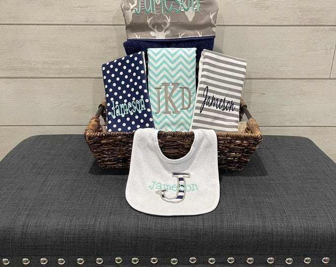 The Original Baby gift basket- Custom for boy or girl monogrammed hooded towel, burp cloths and bib. Perfect baby shower gift!