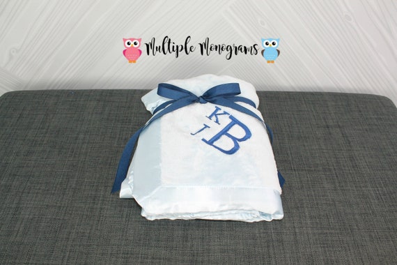 Monogrammed Baby Satin Trim Microfleece Blanket Light Pink, Baby Blue and White