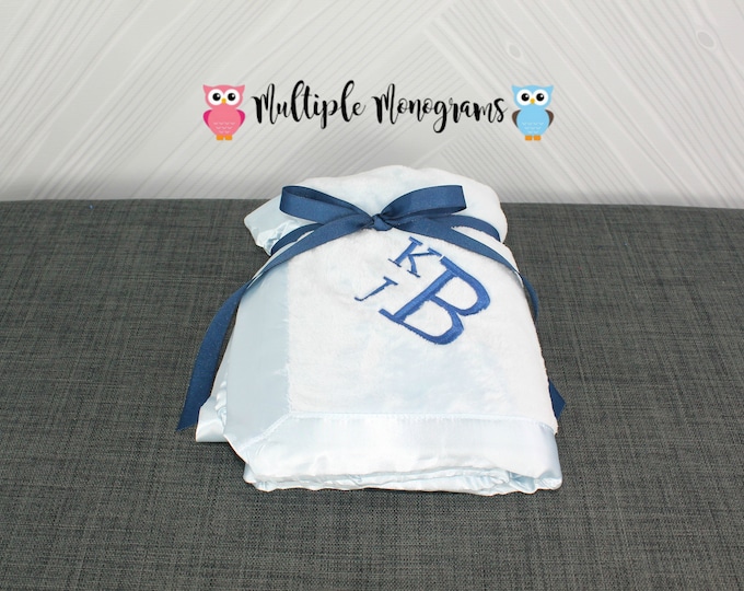 Monogrammed Baby Satin Trim Microfleece Blanket Light Pink, Baby Blue and White