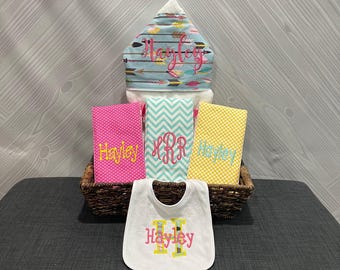 Monogrammed Baby Gift Basket – Hooded Towel, Burp Cloths & Bib